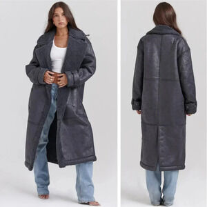 House of CB Deiji Grey Vegan Shearling Faux Leather Coat Penny Lane Trench